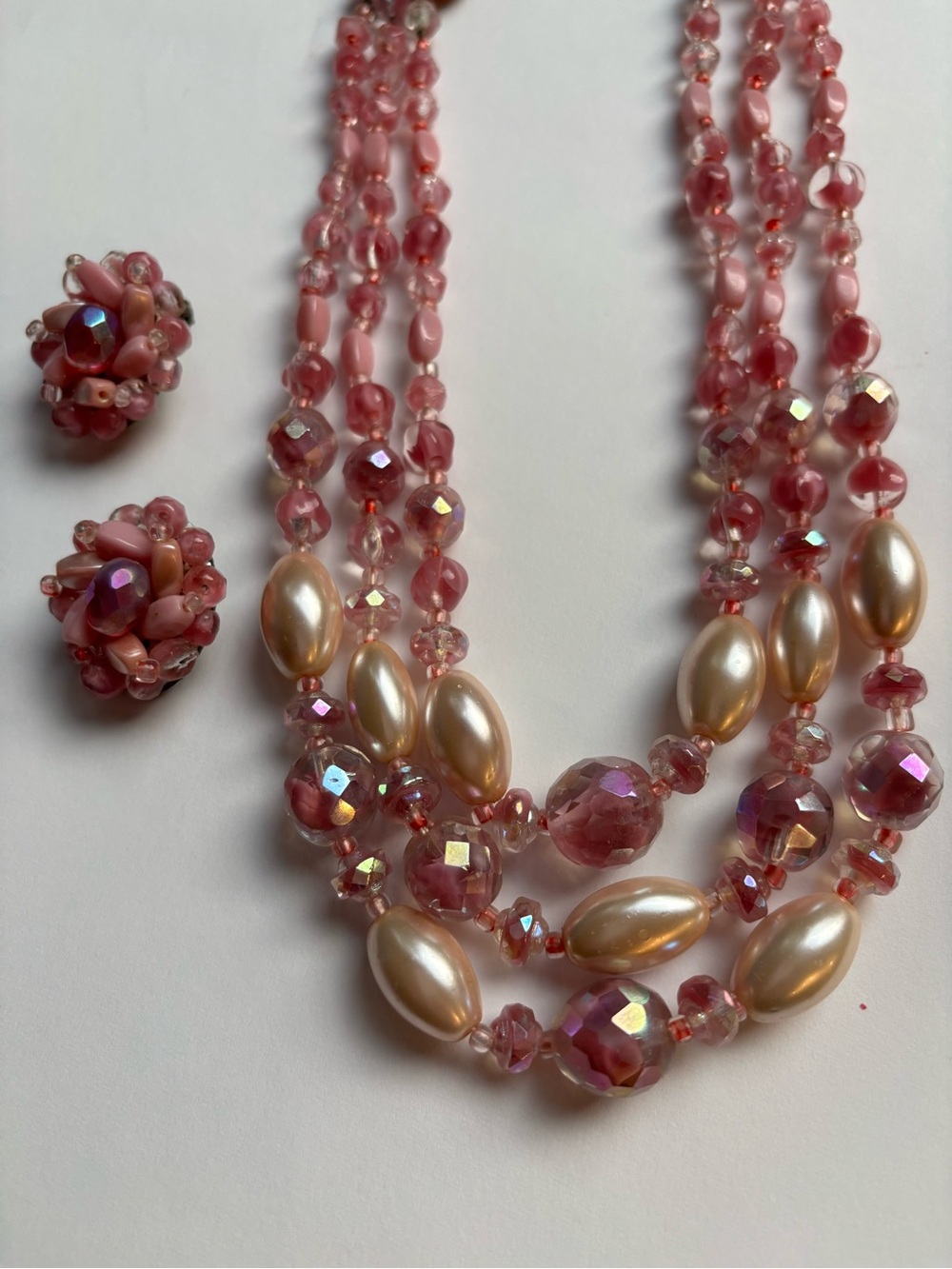 Germany Pink Triple Strand Necklace with Clip-On Earrings glass and lucite